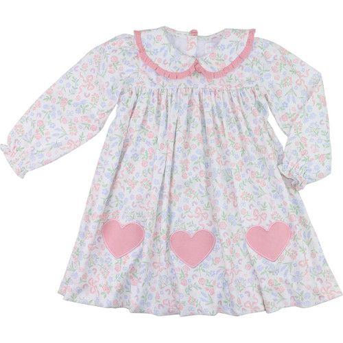 Pink And Blue Floral Corduroy Applique Heart Dress | Cecil and Lou