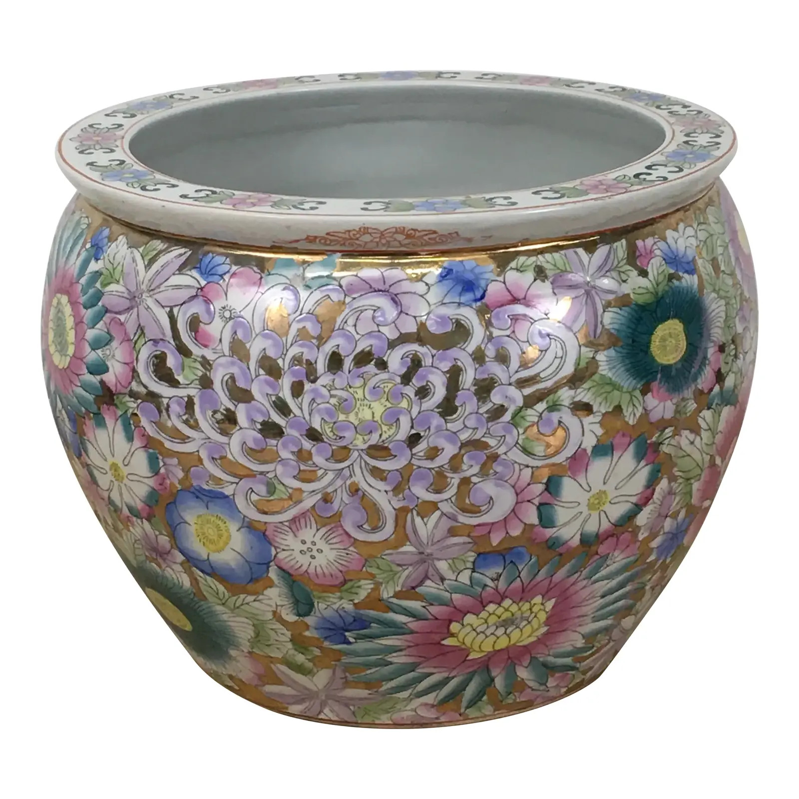 Large 20th Gold Chrysanthemum & Peony Chinese Fishbowl Jardiniere Planter | Chairish