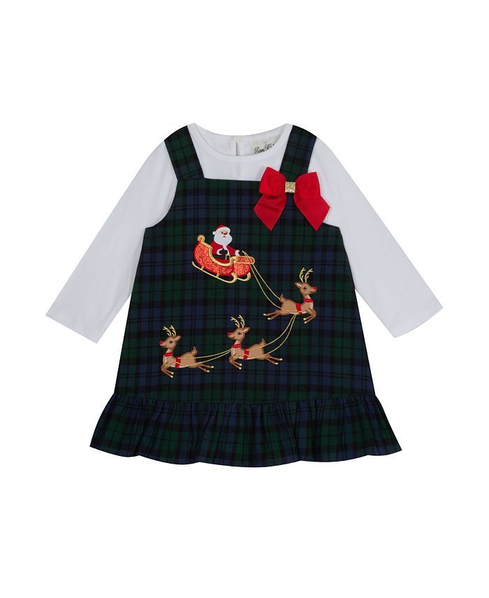 Rare Editions Baby Girls Plaid Jumper Over Rib Knit top with Santa with Sleight and Reindeer Jump... | Macys (US)