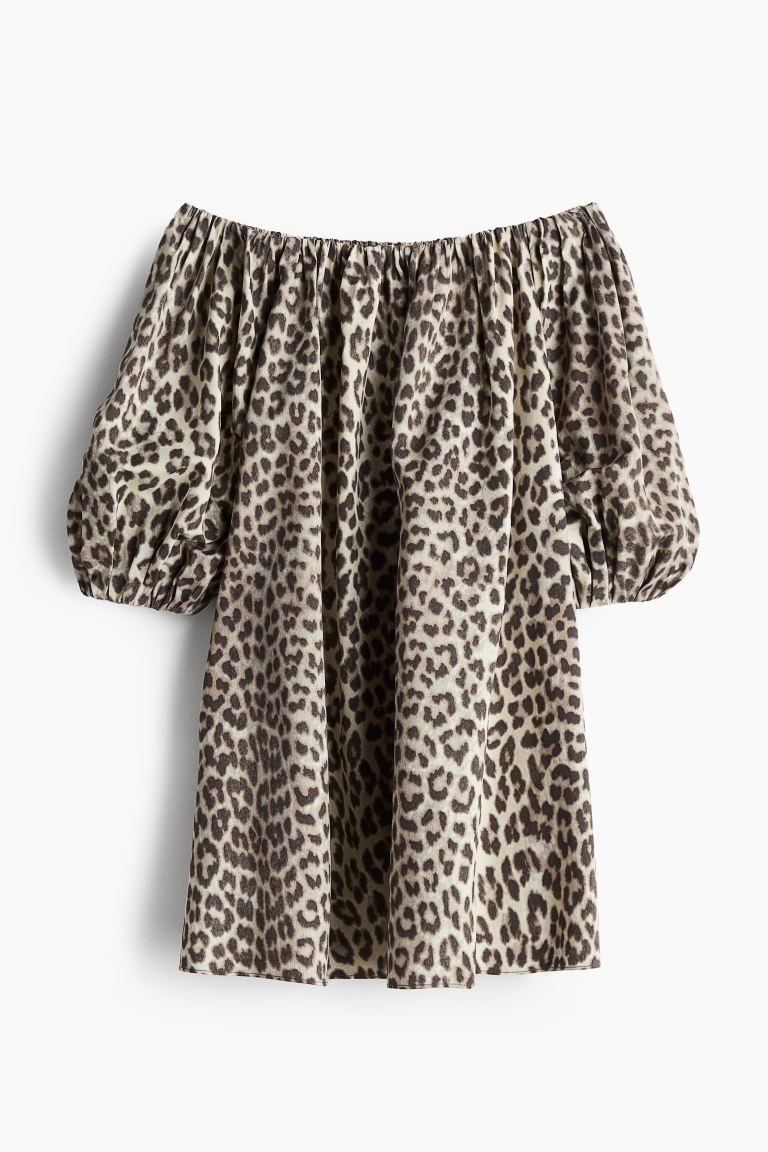 Off-the-Shoulder Dress - 3/4 sleeve - Short - Light beige/Leopard print - Ladies | H&M US | H&M (US + CA)