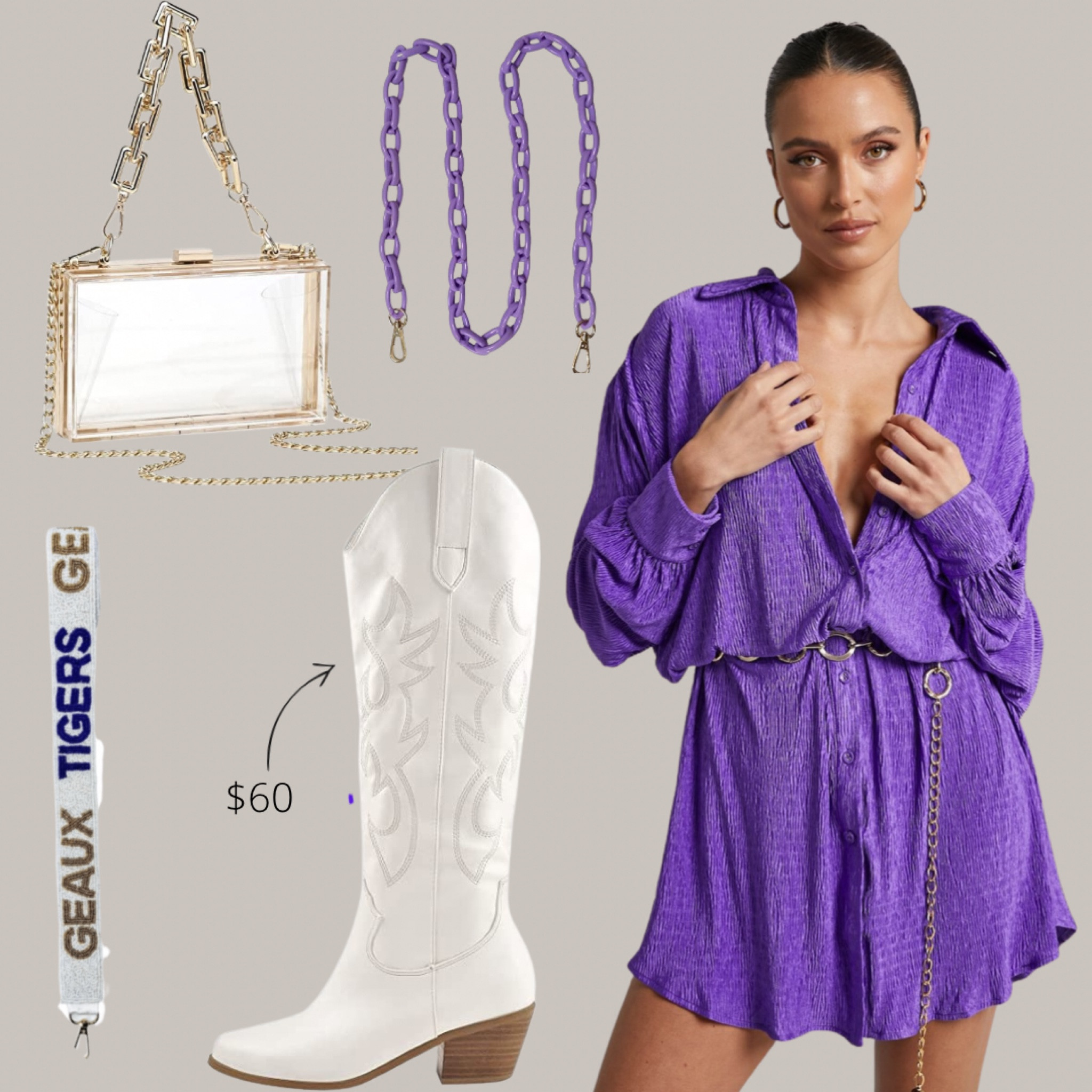 LSU Gameday! Dress would be perfect for Clemson too! 

Game day, gameday, football, tailgate, LSU, Clemson, clear purse, stadium, white cowgirl boots, amazon fashion, purple, purse strap, beaded purse strap, chain purse strap, sec, cowgirl boots, white boots, fall clothes, fall fashion, look for less, cheap, deal alert 

#LTKunder50 #LTKsalealert #LTKSeasonal