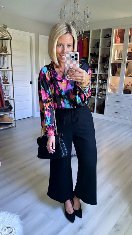 These pants are so comfy but can easily be dressed up for work!!! I absolutely love the colors in this satin blouse!
Top and pants size small.
Block heels run small (size up an entire size)

#LTKstyletip #LTKfindsunder50 #LTKworkwear