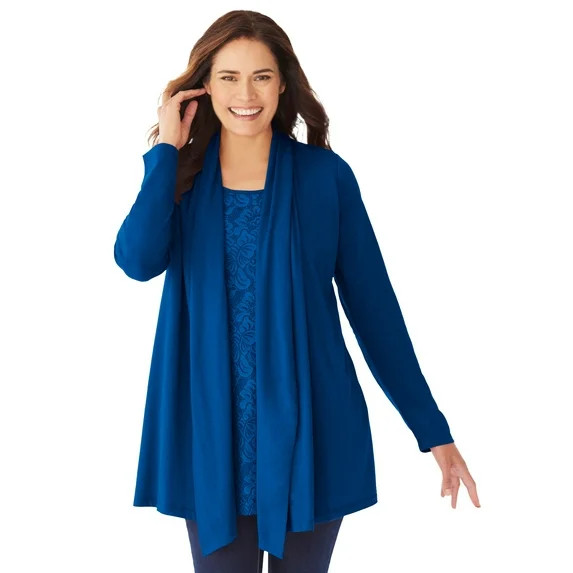 Woman Within Plus Size 2-Fer Cardigan & Attached Lace Tunic | Walmart (US)