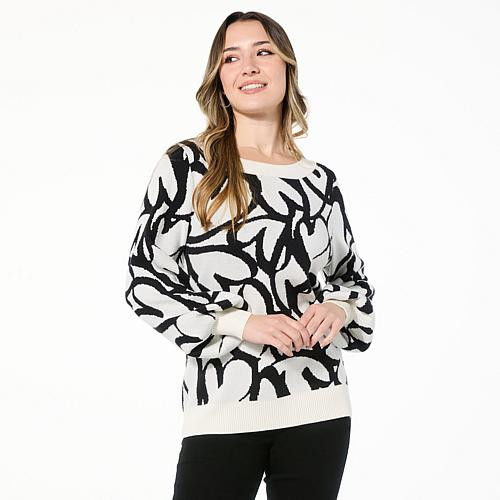 DG2 by Diane Gilman Soft Ease Heart Jacquard Sweater - Alabaster Scribble Hearts - Size 1X | HSN