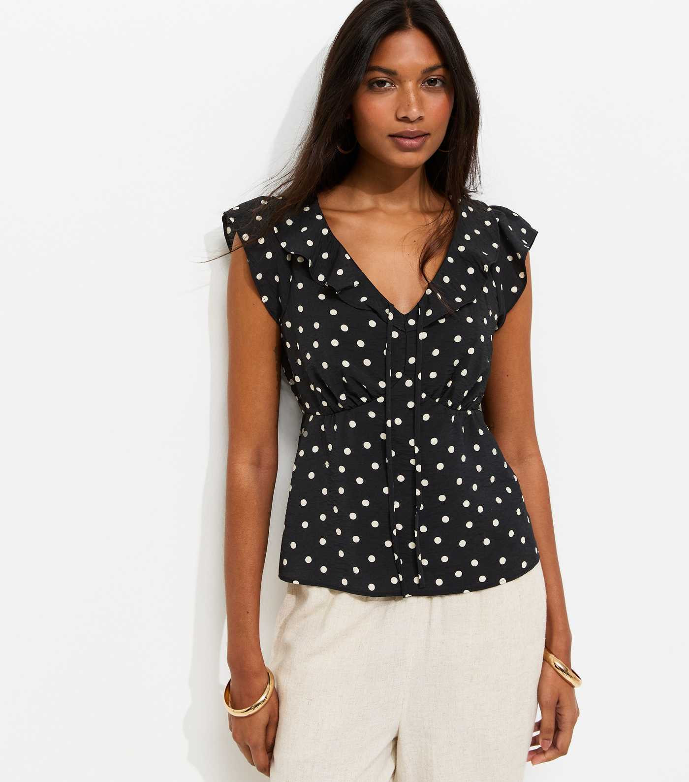 Black Spot Print Frill Trim Tea Top | New Look | New Look (UK)