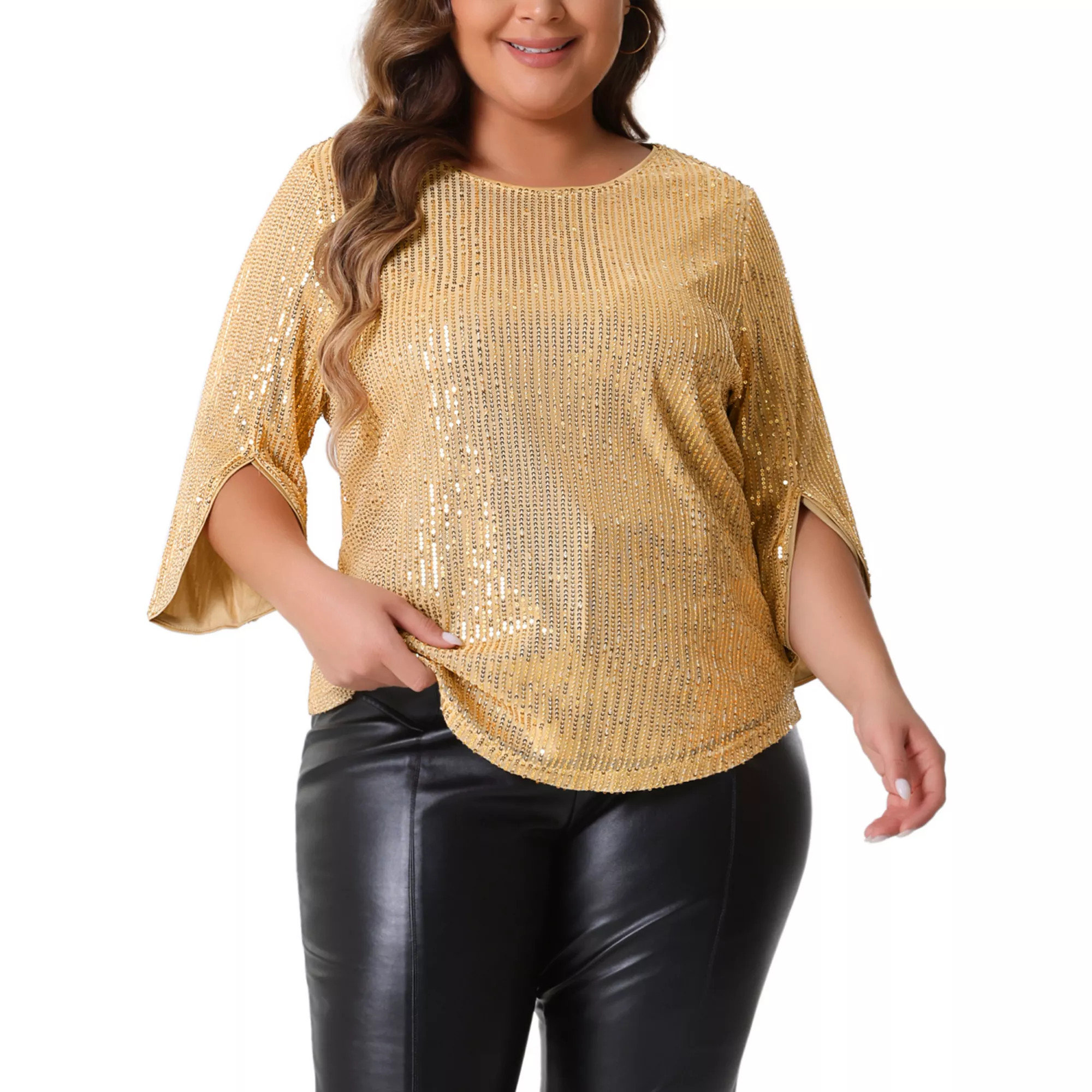 Plus Size Tops for Women Glitter 3/4 Slit Sleeve Crew Neck Shimmer Sparkle Sequin Party Blouse To... | Kohl's
