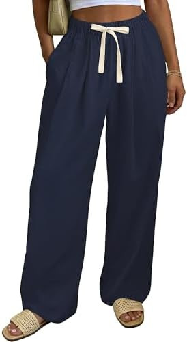 Bsubseach Women Linen Cotton Palazzo Pants Wide Leg Casual Elastic Waist Drawstring Flowy Loose P... | Amazon (US)