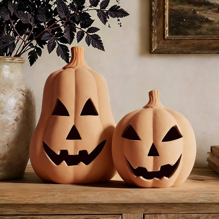 Fall Decor Halloween Decorations, Set of 2 Handmade Terracotta Jack O' Lanterns, Autumn Farmhouse... | Amazon (US)