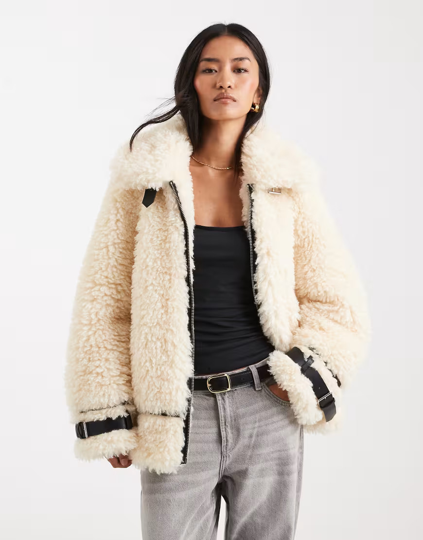 Miss Selfridge teddy oversized aviator jacket in cream-White | ASOS (Global)
