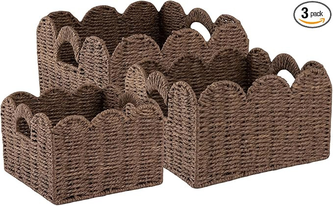 OIAHOMY Scalloped Wicker Baskets, Hand-woven Storage Baskets with Built-in Handles, Paper Rope Sh... | Amazon (US)