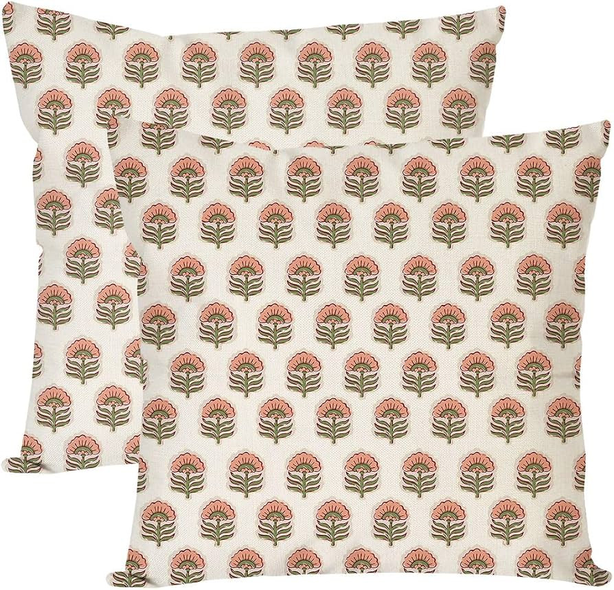 Block Print Throw Pillow Covers 18x18 Inch Set of 2 Green and Pink Boho Vintage Floral Outdoor De... | Amazon (US)