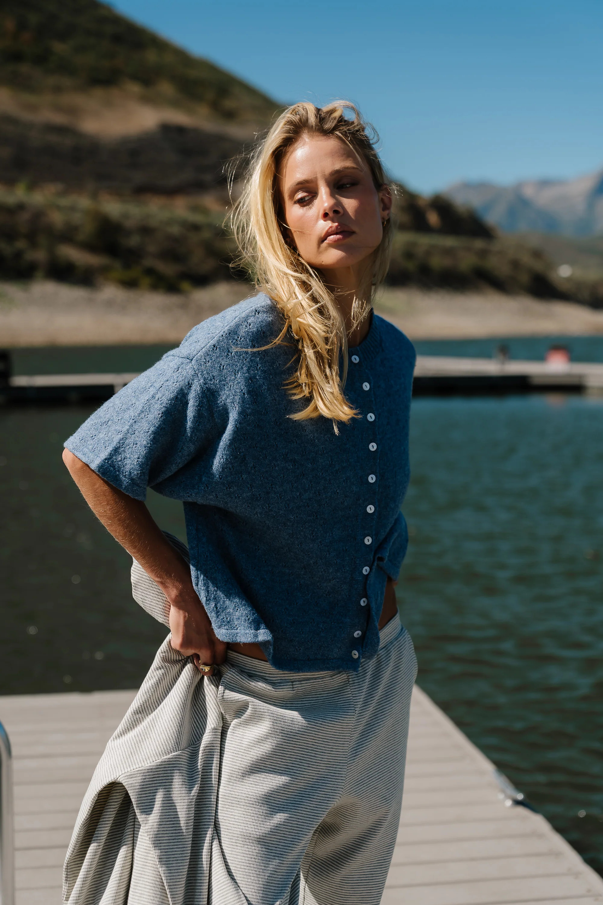 Monroe Pointelle Cardigan in Denim | Böhme US