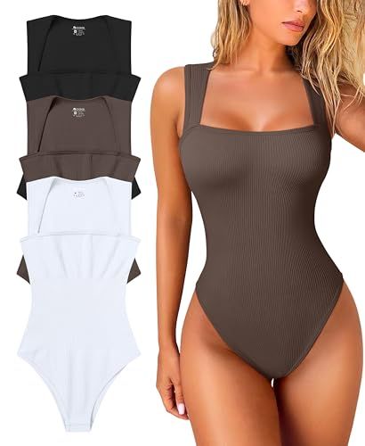 Amazon.com: OQQ Women's 3 Piece Bodysuits Sexy Ribbed Strappy Square Neck Sleeveless Tummy Contro... | Amazon (US)