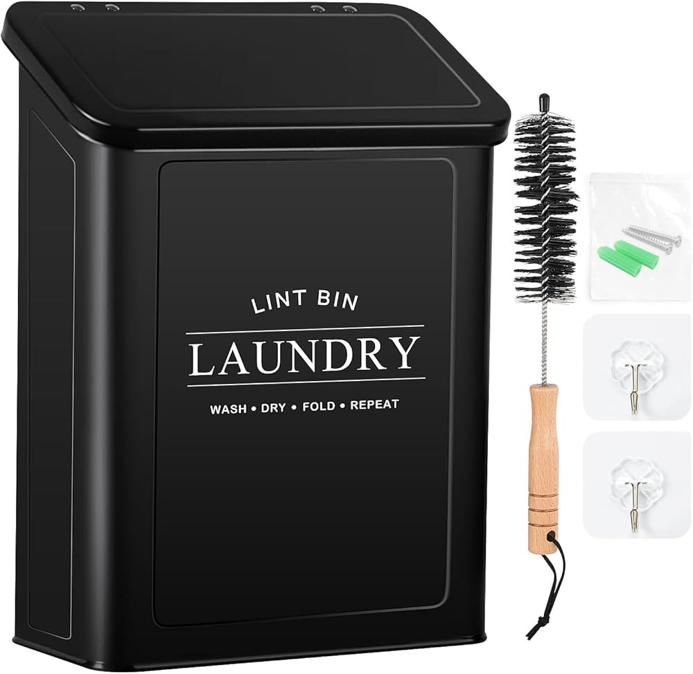 Magnetic Lint Bin for Laundry Room, Metal Lint Trash Can with Lid and Brush, Wall Mounted Lint Bo... | Amazon (US)