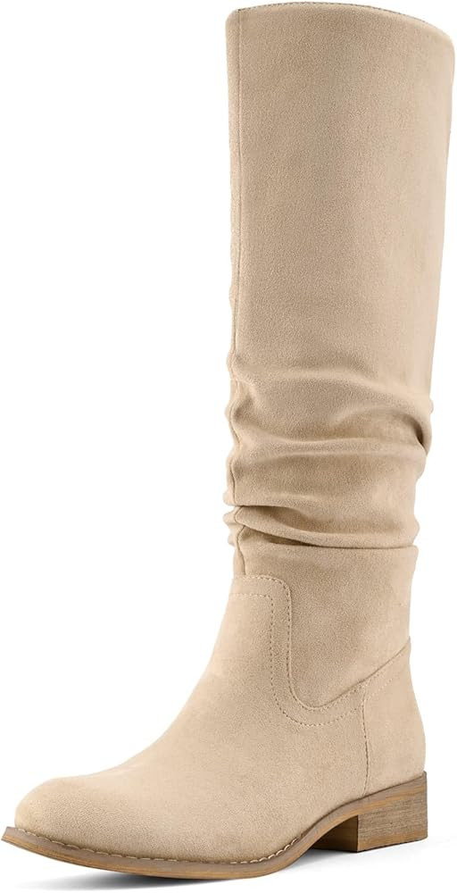 Shoe'N Tale Women's Knee High Boots Flat Low Heel Slouch Pointed Toe Winter Shoes with Side Zippe... | Amazon (US)