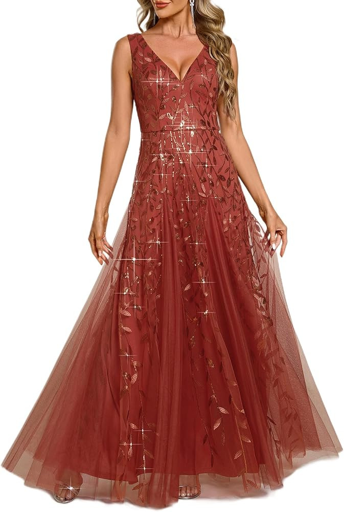 Ever-Pretty Women's Sexy Sleeveless V-Neck Evening Gowns Empire Waist Sequin Embroidery Formal Dr... | Amazon (US)
