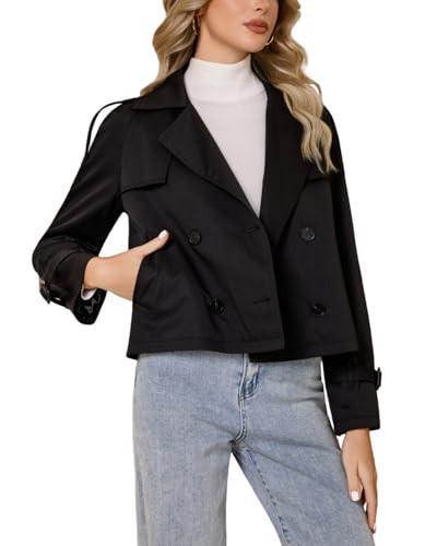 WYOYW Cropped Trench Coat For Women Double Breasted Casual Trendy Long Sleeve Short Jacket Black XL | Amazon (US)