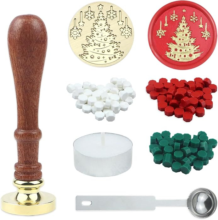 Christmas Wax Seal Stamp Kit, Christmas Seal Wax Stamps with Wooden Handle, 120Pcs Wax Seal Beads... | Amazon (US)