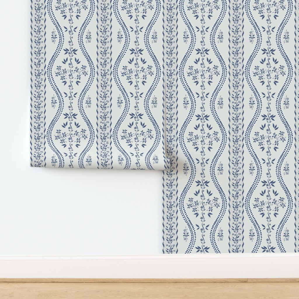 Wallpaper in Traditional Floral Panel Stripe Dots Leaves Flowers Blue Greige Medium | Spoonflower