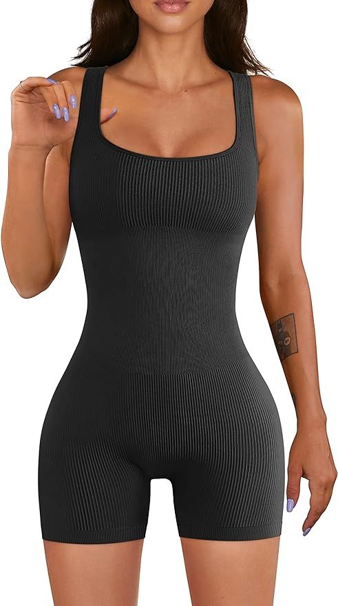 Women Yoga Romper Workout Ribbed Square Neck One Piece Seamless Tank Top Jumpsuit | Amazon (US)