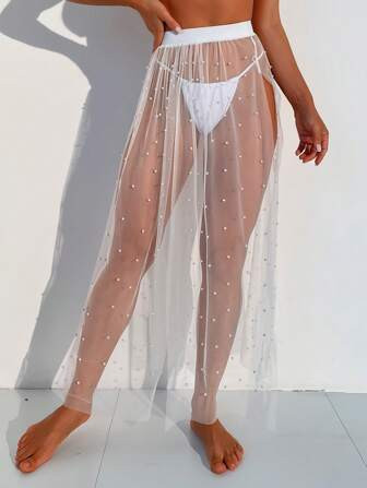 Faux Pearl Decor Sheer Mesh Cover Up Skirt | SHEIN