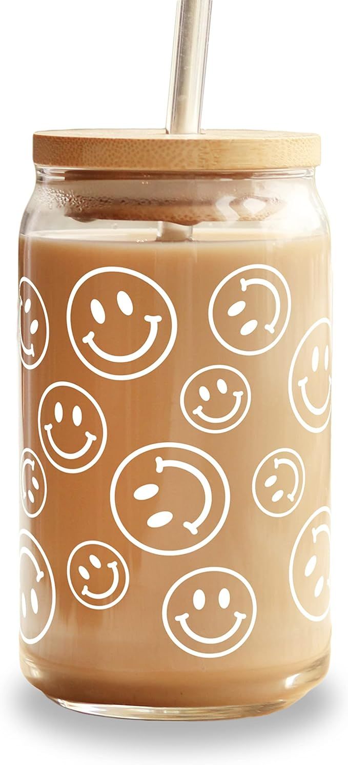 Smiley Face Glass with Lid and Straw and Vinyl Design, 16oz Can Shaped Beer Glasses, Iced Coffee ... | Amazon (US)