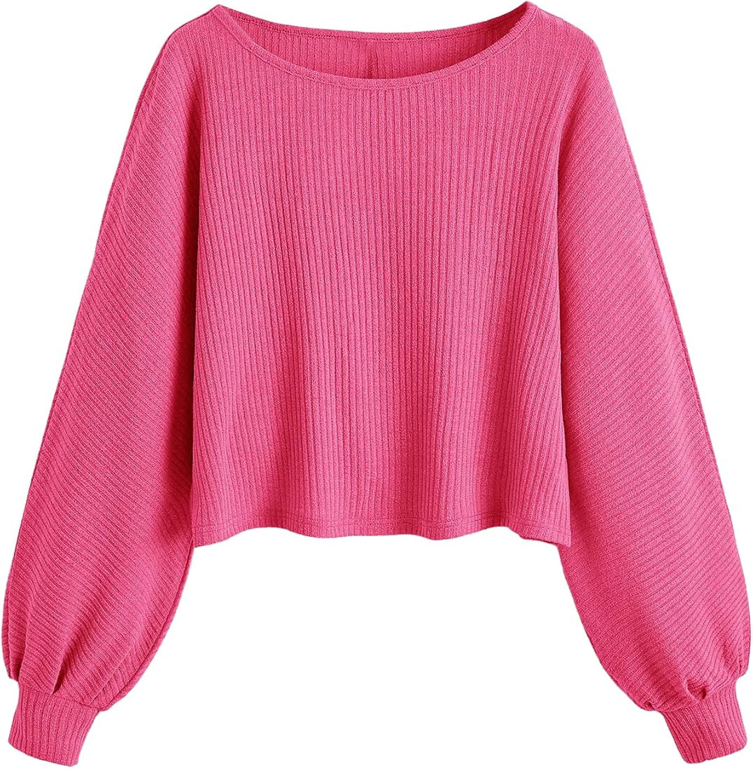 SweatyRocks Women's Casual Crewneck Raglan Long Sleeve Ribbed Knit Crop Top Cropped Sweater | Amazon (US)