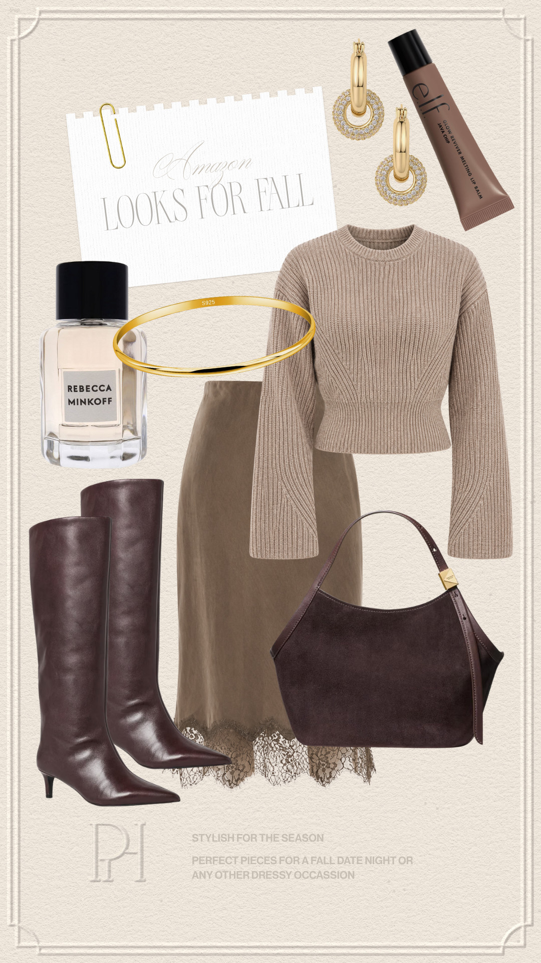 Amazon fall fashion finds I'm crushing on!

fall style, fall looks, fall outfit, fall date night look, satin skirt, lace hem skirt, neutral sweater, tan sweater, fall sweater, date night outfit, office look, suede handbag, brown boots, fall shoes, fall footwear, knee high boots, lip balm, lip gloss, gold bangle bracelet, gold earrings, perfume, women's fragrance, neutral outfit 

 #LTKgrwm #LTKootd #LTKWorkwear
