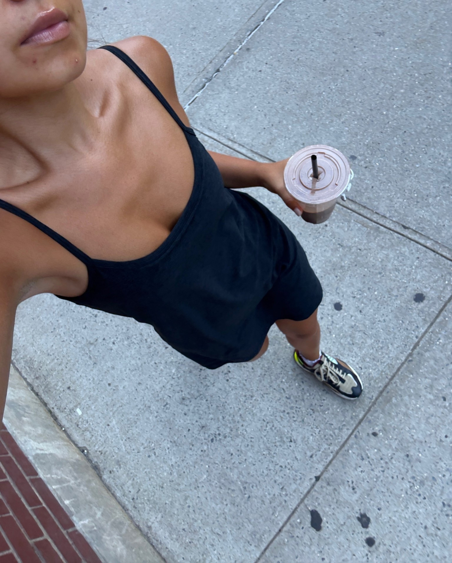 wearing xs! i’m 5 foot 3… it’s a bit long on me so i tuck into the bike shorts if i want to make it mini! tennis are years old from wilson. 😌