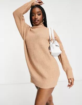 Missguided knitted sweater dress with roll neck in camel | ASOS | ASOS (Global)