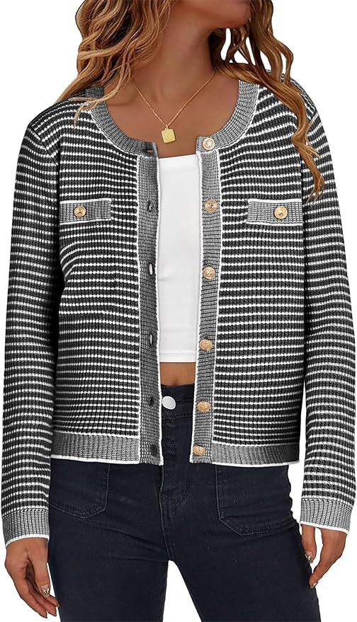 ANRABESS Women's Striped Cardigan Sweaters Casual Long Sleeve Open Front Button Down Knit Cropped... | Amazon (US)
