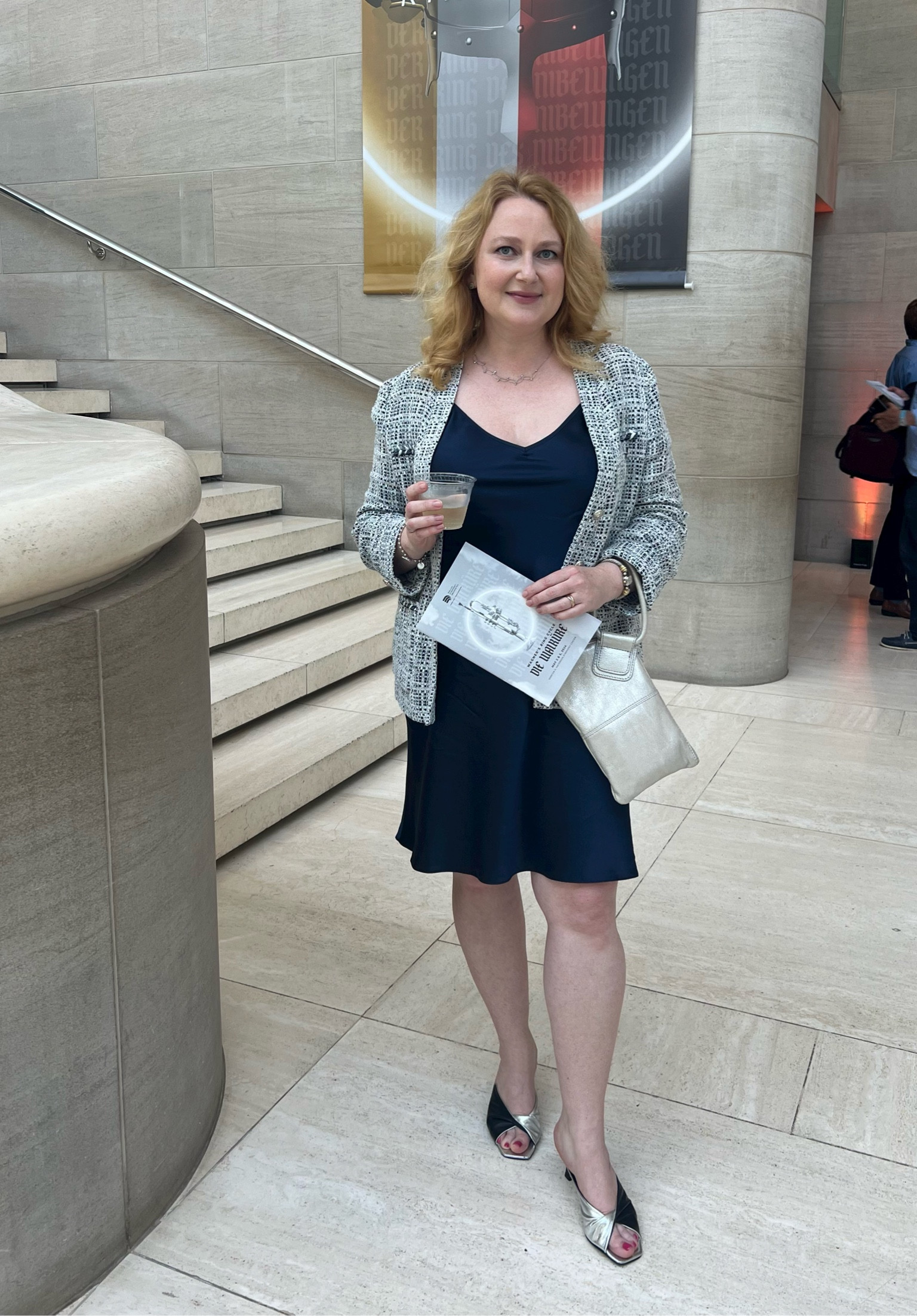 Opera attire: silk slip dress, Bouclé blazer, silver clutch and mules 

#LTKmidsize #LTKwedding #LTKstyletip