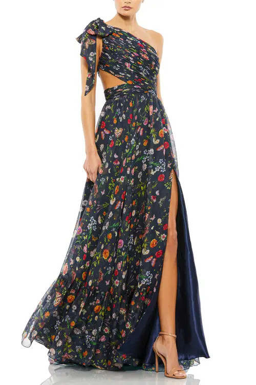 Mac Duggal Tied One Shoulder Cut-Out Flowy Gown in Navy Multi at Nordstrom, Size 8 | Nordstrom