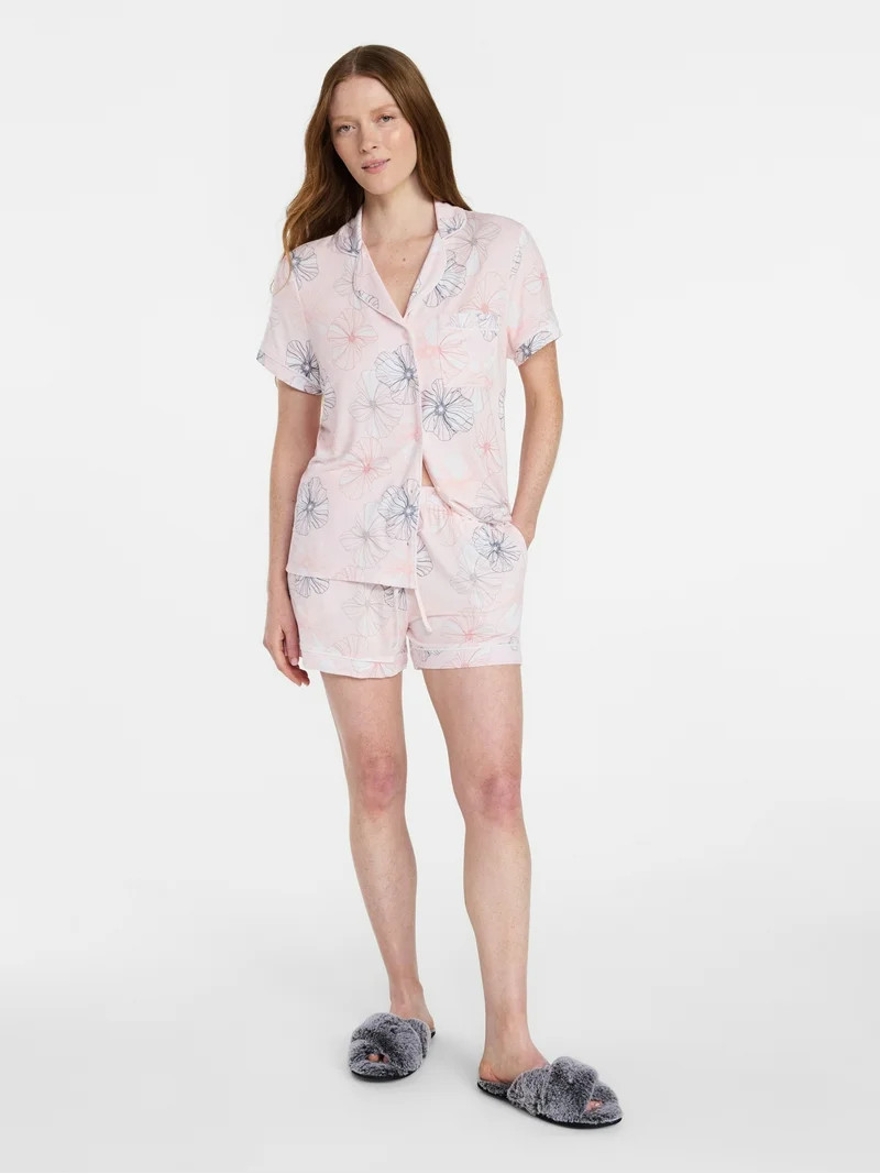 Joyspun Women’s Sleep Modal Short Sleeve Notch Top and Shorts Pajama Set, Size XS-XL, 2X-3X | Walmart (US)