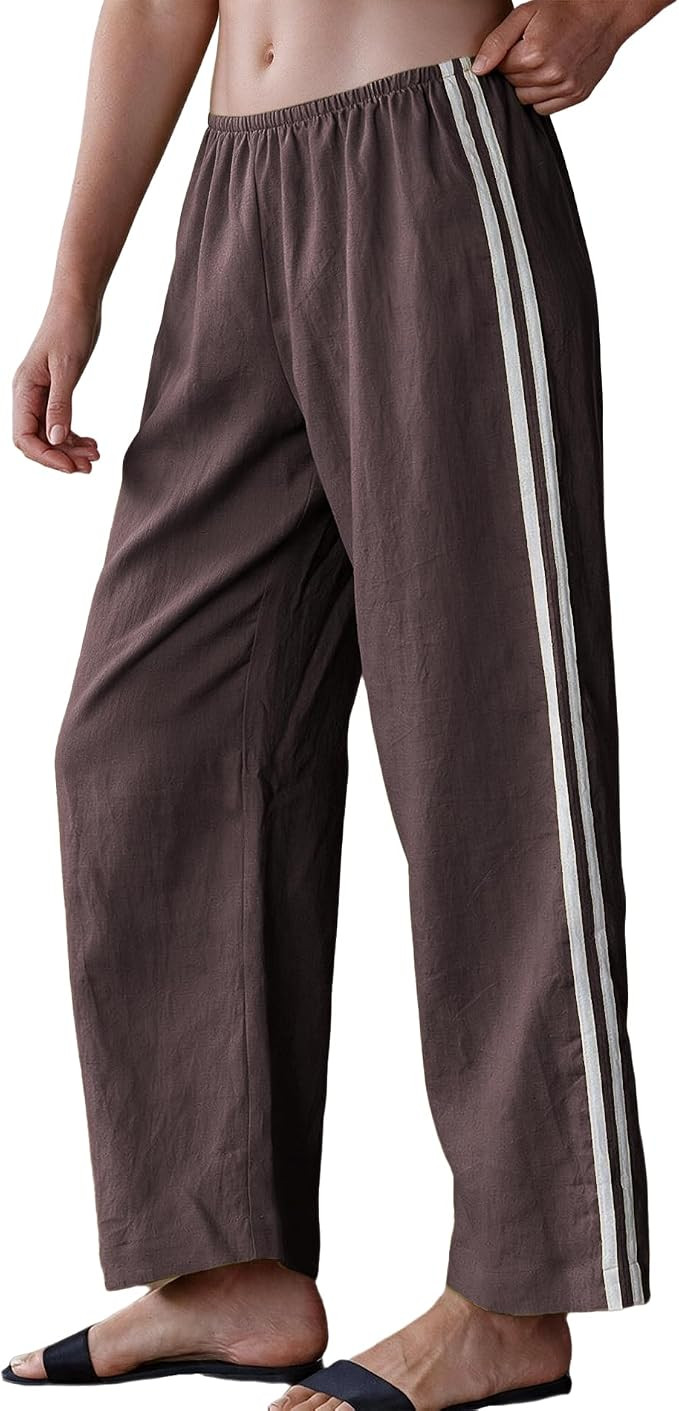 Womens Cropped Striped Linen Pants Summer Casual Wide Leg Pants Elastic Waist Beach Vacation Loun... | Amazon (US)