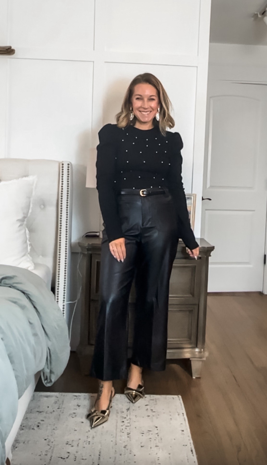 Holiday looks that appear $$$$ but are actually $. Medium tops EXCEPT FOR the white; XS  and I sized up to a 10 in the faux leather pants. Shoes are. Tts 8 too! 



#LTKootd #LTKOver40 #LTKHoliday