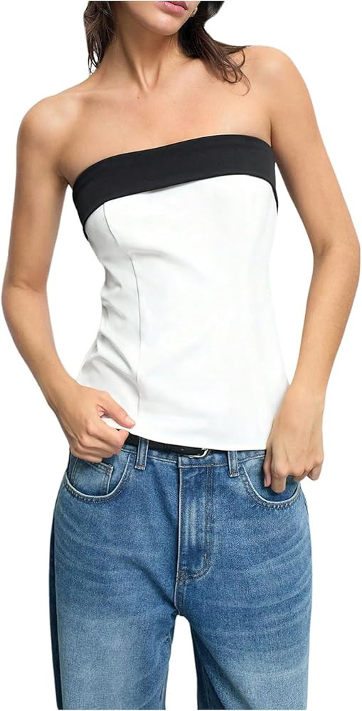 MakeMeChic Women's Color Block Sleeveless Bow Knot Backless Bandeau Shirt Tube Tops | Amazon (US)