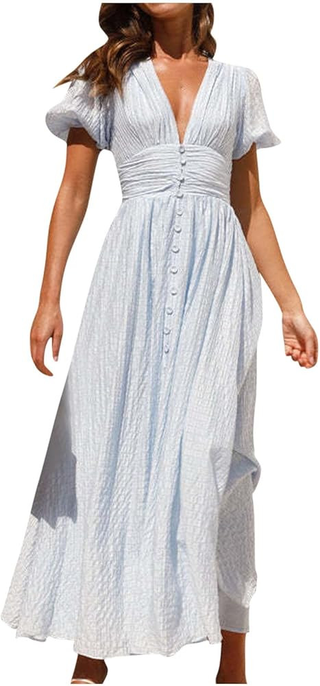 Women's Summer Button Down Shirt Dress Short Puffy Sleeve Tiered Ruffle Flowy Long Maxi Dresses V... | Amazon (US)