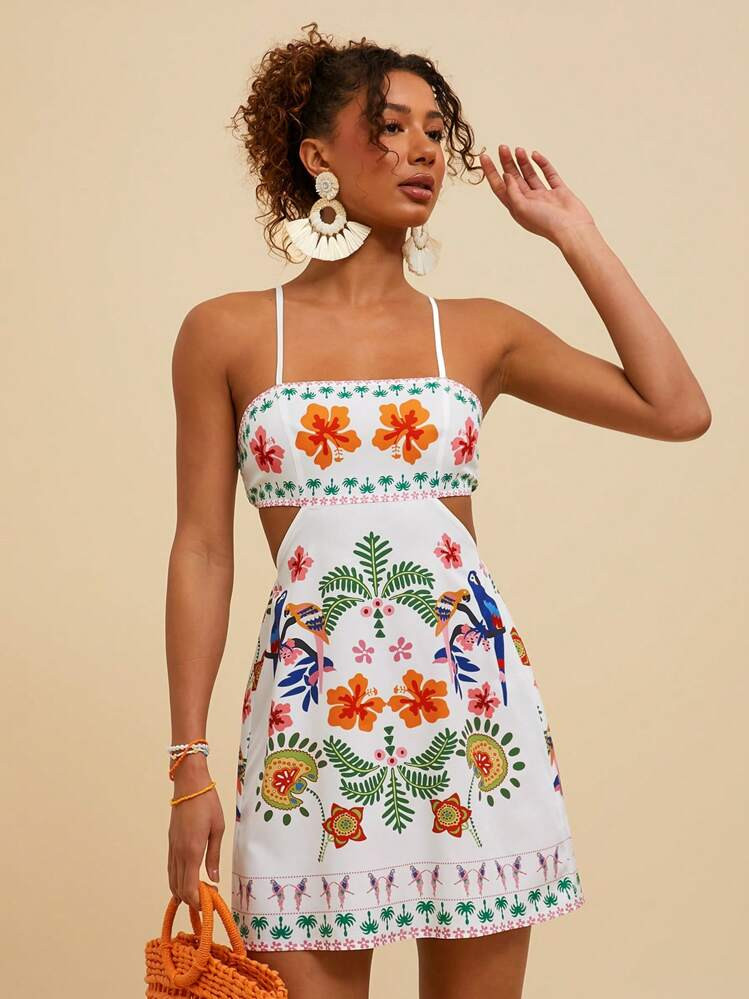 Travachic Woven Printed Cutout Waist Spaghetti Strap Women Mini Dress,Summer Outfits For Women,Beachwear,Easter,Beach Outfits For Woman,Spring Break,Vacation Outfits Women,Concert Outfit Women,BOHO,Music Festival,Tropical Vacation Woman Clothes,Romantic,Summer Dresses For Women | SHEIN