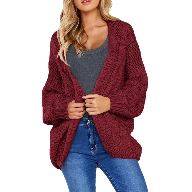 SHEWIN Womens Open Front Cardigans Sweater Red Chunky Cable Knit Sweaters for Women Long Sleeve C... | Walmart (US)
