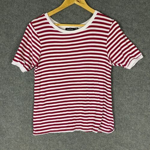 Boohoo T Shirt Womens 10 Red White Top Shirt Crew Neck Striped Ringer Tee Ladies | eBay AU