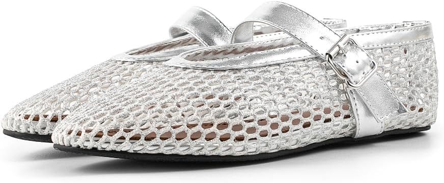 Mesh Ballet Flats for Women Fishnet Comfy Buckle Strap Ballerina Dressy Daily Flat Shoes | Amazon (US)