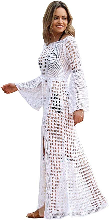NFASHIONSO Womens Crochet Beach Wear Cover up Swimwear Bikini Long Maxi Beach Dress | Amazon (US)