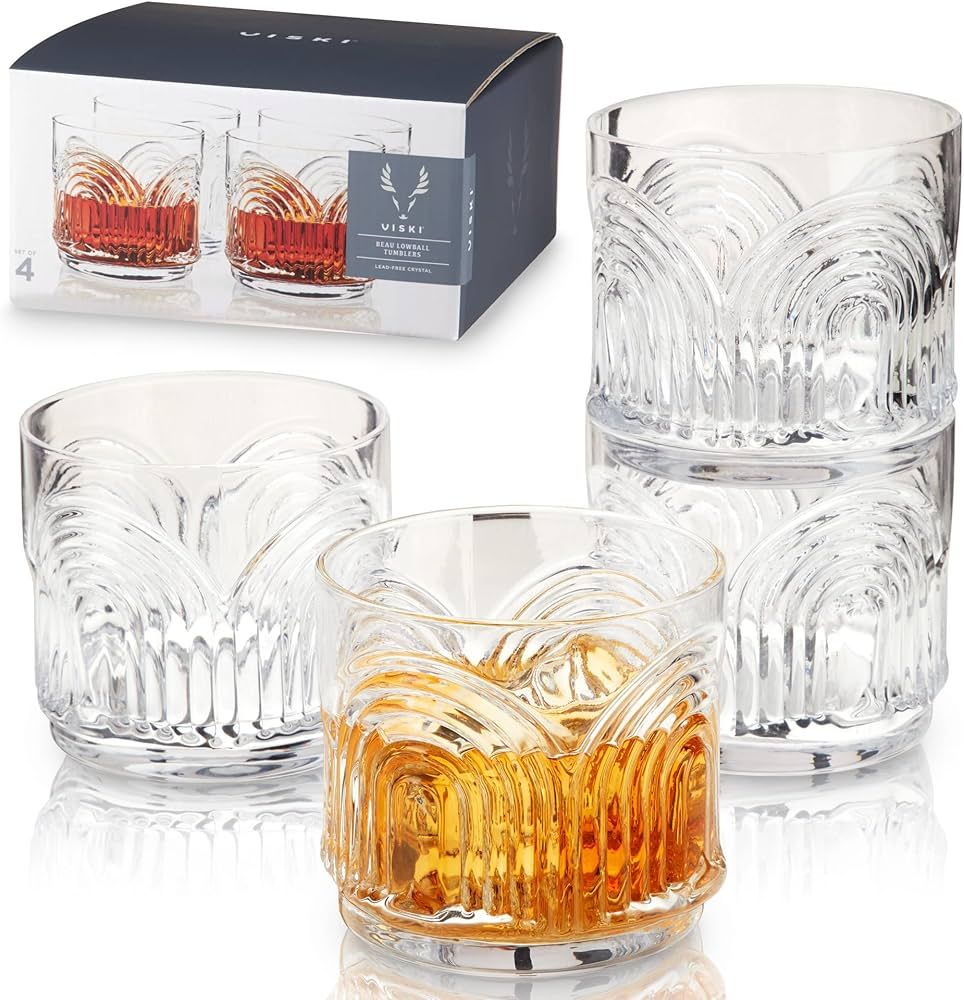 Viski Beau Stemless Lowball Glasses Set of 4 - Vintage Crystal Drinking Glasses for Whiskey, Old ... | Amazon (US)