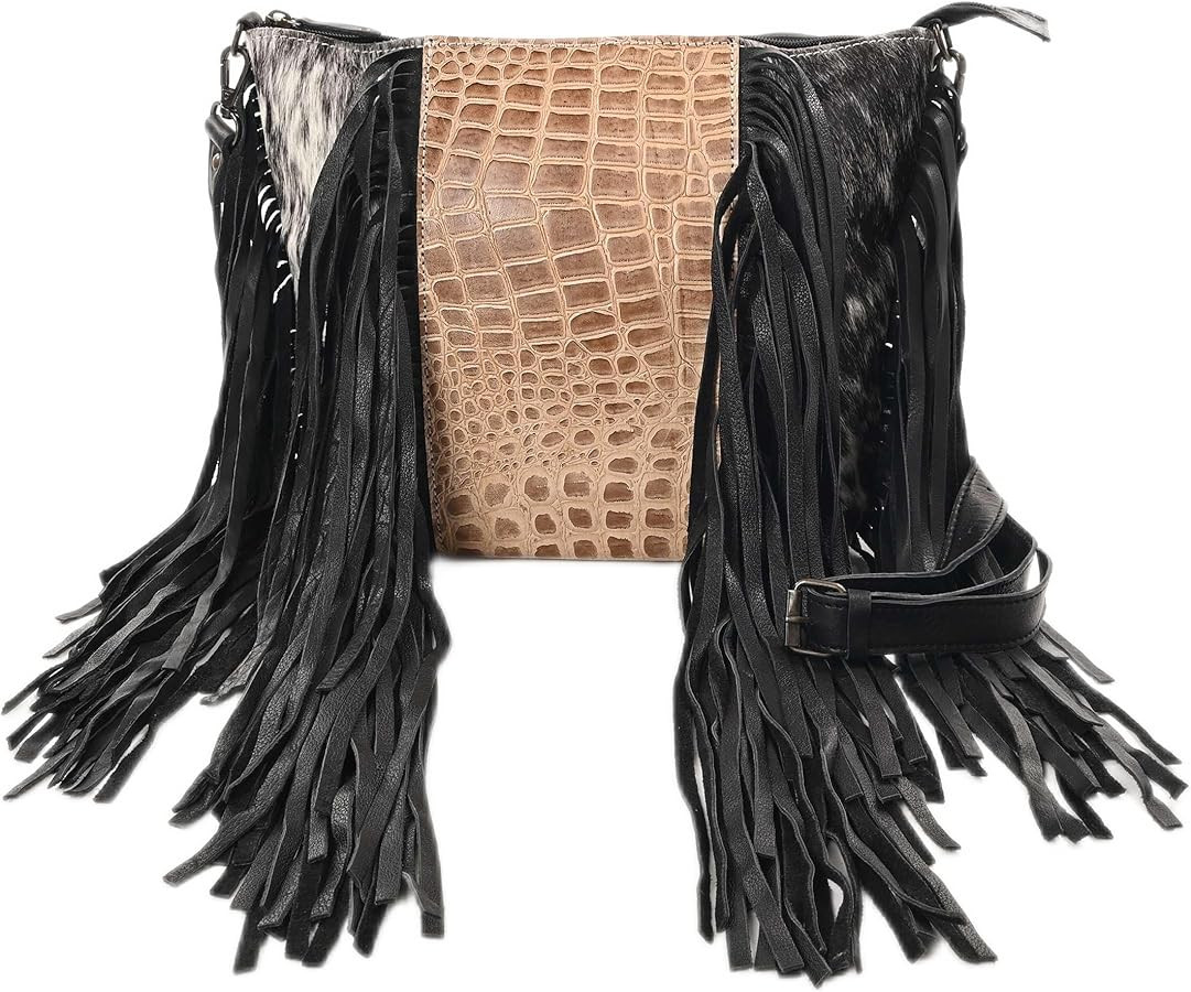 Cowgirl Crossbody Handbag - Cowhide and Alligator Leather with Fringes | Amazon (US)