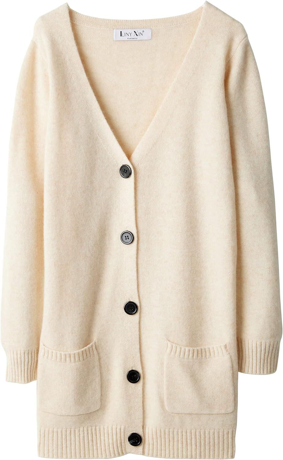 LINY XIN Women's 100% Merino Wool Fall Winter Warm Soft Lightweight Knitted V-Neck Long Cardigan ... | Amazon (US)