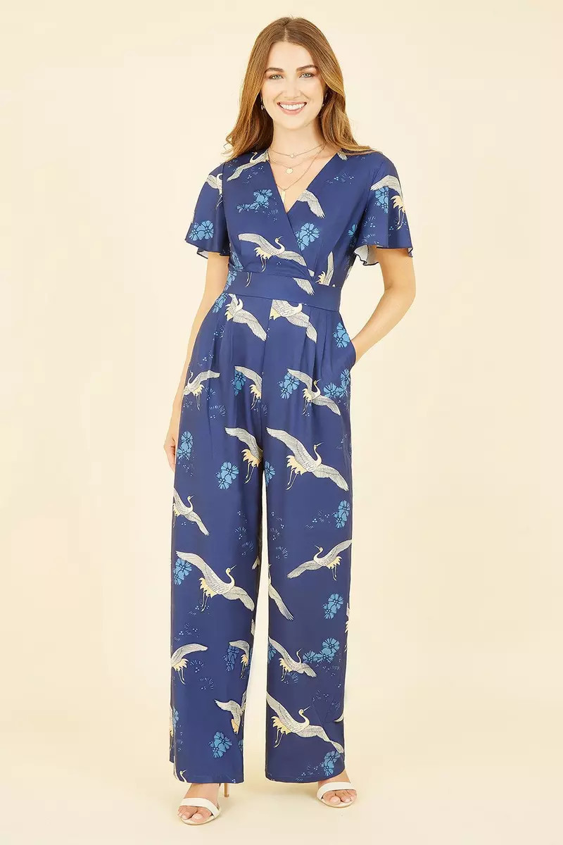 Navy Crane Print Angel Sleeve Jumpsuit | Debenhams UK