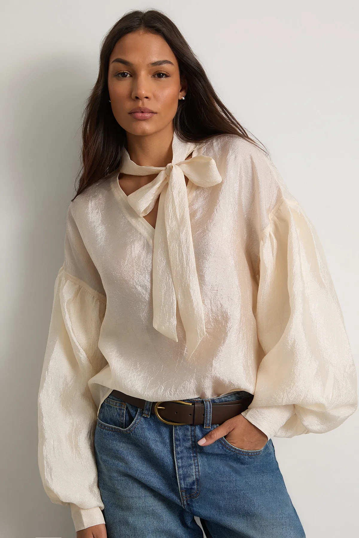 Tops | Pussybow Tie Neck Blouson Sleeve Blouse | Warehouse | Nasty Gal US