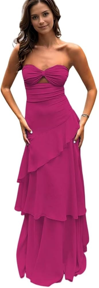 Strapless Bridesmaid Dresses for Women 2026 Tiered Ruffles Chiffon Prom Dresses Sweetheart A-Line... | Amazon (US)