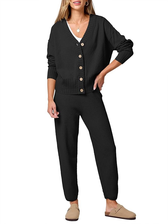 ANRABESS Women 2 Piece Lounge Sets 2025 Fall Outfits Casual Waffle Knit Cardigan Sweater Pant Set... | Amazon (US)